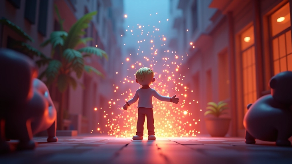 Scena 3D resa in Blender con illuminazione drammatica, particelle di fumo e luci colorate che interagiscono