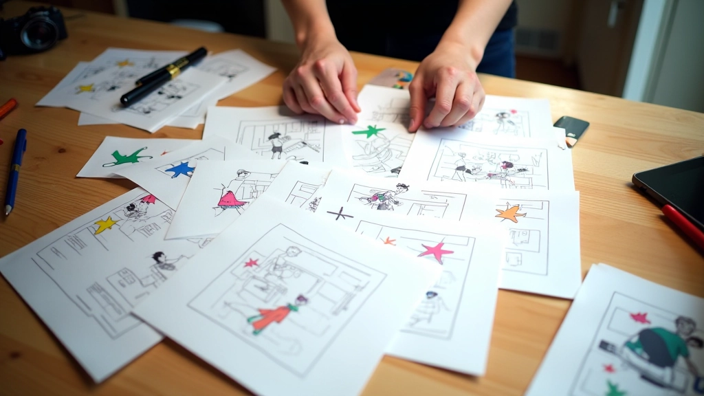 Storyboard di animazione con note di movimento e archi narrativi