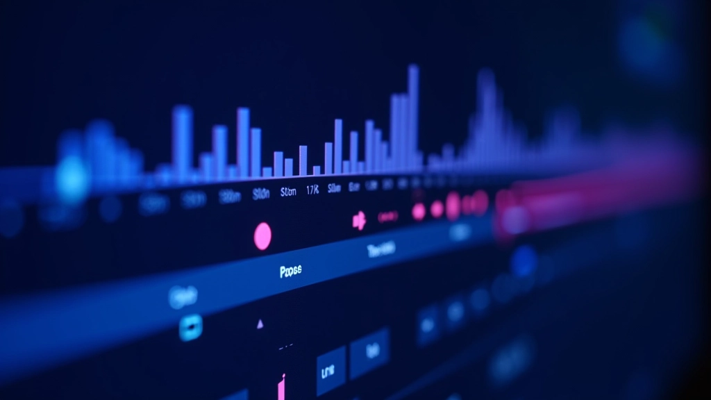 Timeline di un software di editing video con tracce audio in forma d'onda e marcatori di keyframe su sfondo nero