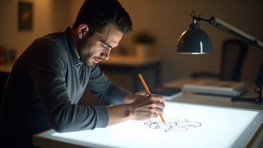 Animatore professionista che disegna una sequenza di movimento su una tavola luminosa in uno studio