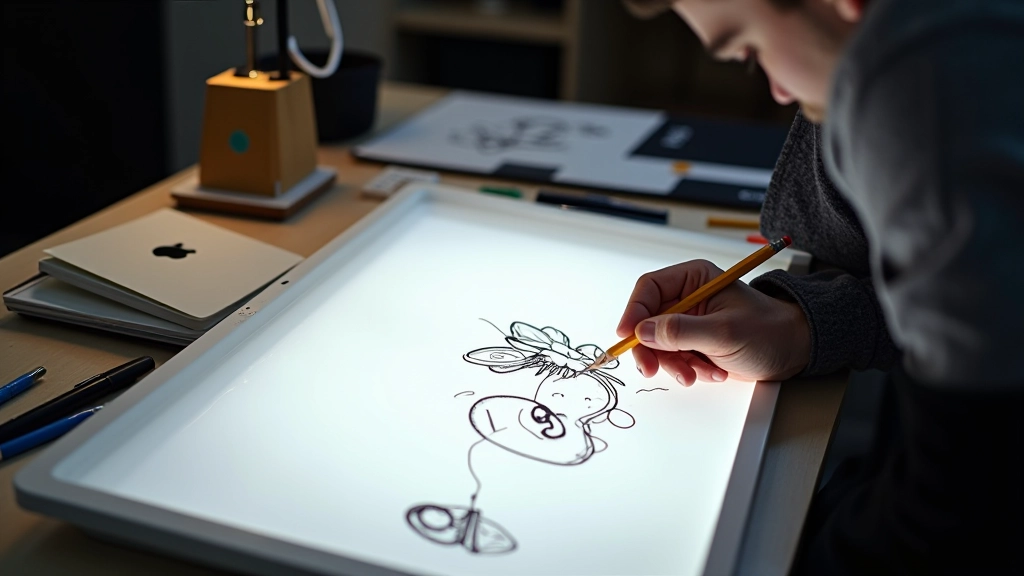 Animatore professionista che disegna scene chiave su tavolo luminoso con foglio di animazione, matita in mano, studio di animazione luminoso e ordinato