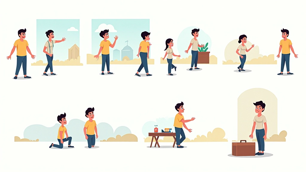 Storyboard digitale colorato con sequenza di scene che mostrano sviluppo di un'azione complessa con annotazioni tecniche