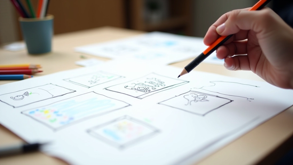 Storyboard disegnato a mano con scene successive che mostrano lo sviluppo narrativo di un cortometraggio animato