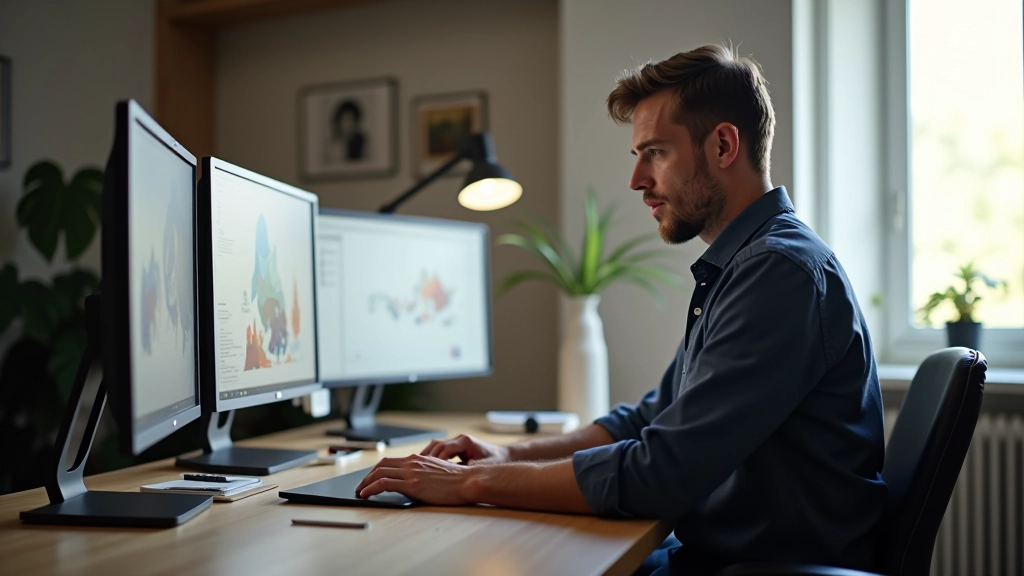 Marco Benedetti al lavoro nello studio di Movimento Narrativo, circondato da tavoli di disegno e monitor con software di animazione digitale