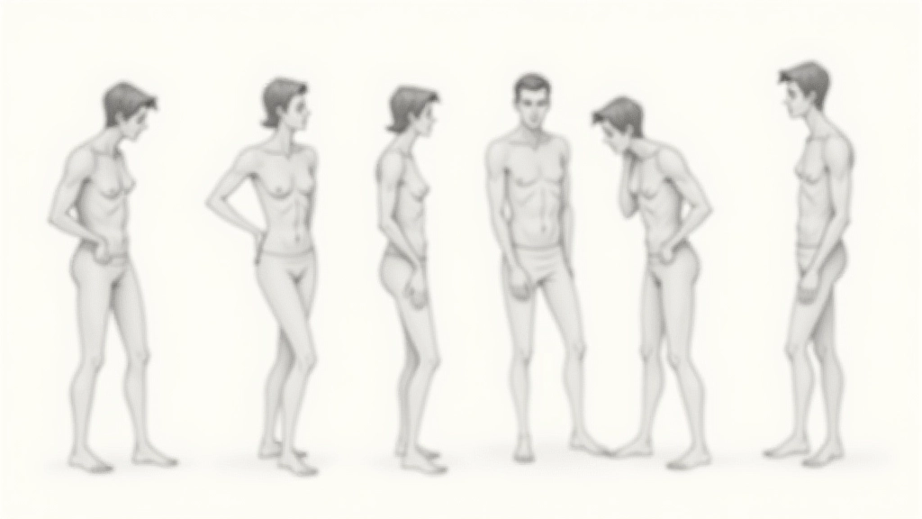 Sequence di schizzi veloci che mostrano la progressione di una reazione emotiva attraverso posture diverse del corpo